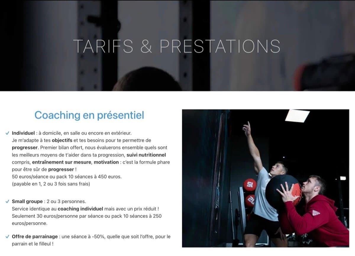 Page tarifs et prestations du site Minotor Coaching